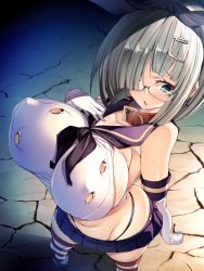 Rule 34 | black panties, blue eyes, breasts, collar, cosplay, crop top, crossover, elbow gloves, glasses, gloves, hair ornament, hair over one eye, hairband, hairclip, hamakaze (kancolle), highleg, highleg panties, highres, kantai collection, large breasts, microskirt, open mouth, panties, pleated skirt, sailor collar, shimakaze (kancolle), shimakaze (kancolle) (cosplay), short hair, silver hair, skirt, striped legwear, thong, torisan, underwear, white gloves
