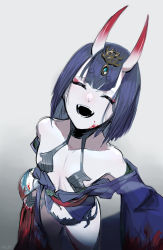 Rule 34 | 1girl, bare shoulders, blood, blood on clothes, blood on face, bob cut, bottle, breasts, closed eyes, collarbone, eyeliner, fangs, fate/grand order, fate (series), headpiece, highres, horns, japanese clothes, kimono, long sleeves, makeup, navel, obi, off shoulder, oni, open mouth, purple hair, purple kimono, revealing clothes, sash, sharp teeth, short hair, shuten douji (fate), skin-covered horns, small breasts, smile, solo, teeth, tsu ki2, wide sleeves