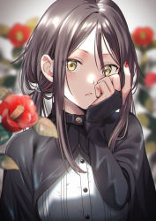 Rule 34 | 1girl, bad id, bad pixiv id, banmkuchen, blurry, blurry background, bridal gauntlets, brown hair, camellia, closed mouth, commentary request, depth of field, fingernails, flower, hair tie, hand on own cheek, hand on own face, highres, leaf, long fingernails, long hair, looking at viewer, low ponytail, nail polish, original, red flower, red nails, sidelocks, solo, upper body, yellow eyes