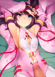 Rule 34 | 1boy, 1girl, armpits, arms up, blue eyes, blush, breasts, brown hair, china dress, chinese clothes, closed mouth, clothing cutout, cum, cum on body, cum on clothes, cum on stomach, cum on upper body, detached sleeves, dragalia lost, dress, facial, headpiece, highres, lin you, lips, long sleeves, looking at viewer, lying, navel, navel cutout, on back, pantyhose, penis, pink dress, ricegnat, short hair, side slit, small breasts, solo focus, uncensored, white pantyhose