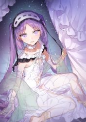 Rule 34 | 1girl, anklet, bracelet, choker, dress, fate/grand order, fate/hollow ataraxia, fate (series), headband, jewelry, legs, looking at viewer, purple eyes, purple hair, revealing clothes, sitting, stheno (fate), very long hair