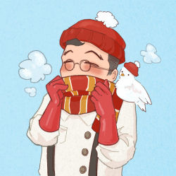 Rule 34 | 1boy, ^ ^, animal, animal on shoulder, beanie, bird, bird on shoulder, blush, breath, brown hair, chibi, closed eyes, cross, gloves, hat, lab coat, multicolored clothes, multicolored scarf, norue, pigeon, red cross, red scarf, round eyewear, rubber gloves, scarf, striped clothes, striped scarf, team fortress 2, the medic, winter clothes, yellow scarf
