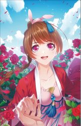 Rule 34 | 1girl, bad link, blue sky, braid, braided ponytail, brown hair, cover, cover page, douluo dalu, dress, flower, hair tie, highres, holding hands, jacket, mu feng chun, official art, pink dress, red jacket, rose, sky, smile, tassel, third-party source, upper body, xiao wu (douluo dalu)