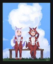 Rule 34 | 2girls, :d, animal ears, arms at sides, artist name, blue eyes, blue sky, blush, border, bow, brown hair, cloud, cloudy sky, commentary request, ear bow, ear ornament, grass, hair between eyes, hands on lap, highres, horse ears, horse girl, horse tail, jacket, knees together feet apart, light purple hair, long hair, looking at another, looking up, mejiro mcqueen (umamusume), multicolored hair, multiple girls, on bench, open mouth, pants, poko (user rjdg5478), purple eyes, red pants, red track suit, shoes, signature, sitting, sky, smile, sneakers, streaked hair, swinging legs, tail, tokai teio (umamusume), track jacket, track pants, track suit, umamusume, white hair