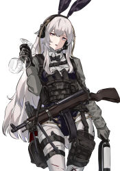 Rule 34 | animal ears, black bow, black bowtie, blue eyes, bottle, bow, bowtie, chest rig, cup, drinking glass, expressionless, fake animal ears, girls&#039; frontline, grey jacket, headset, holding, holding bottle, holding cup, jacket, long hair, magazine (weapon), mutugorou u, pants, ribeyrolles (girls&#039; frontline), ribeyrolles 1918, white background, white hair, white pants, wine bottle, wine glass