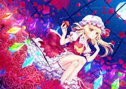 Rule 34 | 1girl, apple, artist name, ascot, atatos, blonde hair, bloomers, blush, commentary request, crossed legs, crystal, dutch angle, flandre scarlet, flower, food, frilled shirt collar, frills, fruit, full moon, hands up, hat, hat ribbon, head tilt, highres, holding, holding food, holding fruit, lace trim, leaf, long hair, looking at viewer, mob cap, moon, night, night sky, one side up, parted lips, petals, petticoat, pointing, pointing at self, pointy ears, puffy short sleeves, puffy sleeves, red eyes, red flower, red ribbon, red rose, red skirt, red vest, ribbon, rose, rose petals, short sleeves, signature, sitting, skirt, skirt set, sky, slit pupils, solo, sparkle, star (sky), starry sky, thighs, touhou, underwear, vest, white bloomers, white hat, yellow ascot