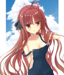 Rule 34 | 1girl, absurdres, adjusting hair, ahoge, areola slip, arm behind back, armpit crease, bare shoulders, black ribbon, blue overalls, blue sky, blush, breasts, brown eyes, brown hair, bububugsan, cleavage, closed mouth, cloud, collarbone, commentary, cowboy shot, dracu-riot!, eyelashes, eyes visible through hair, floating hair, hair between eyes, hair ribbon, hand in own hair, hand up, highres, jitome, licking lips, long hair, medium breasts, naked overalls, outdoors, overalls, red hair, ribbon, sky, smile, solo, standing, tongue, tongue out, very long hair, wavy hair, yarai miu