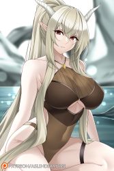 Rule 34 | 1girl, arknights, armpit crease, aslindsamure, bare legs, breasts, brown one-piece swimsuit, clothing cutout, collarbone, commentary, covered navel, cowboy shot, demon horns, english commentary, hair between eyes, highres, horns, large breasts, long hair, looking at viewer, official alternate costume, one-piece swimsuit, parted lips, patreon username, pointy ears, ponytail, red eyes, shining (arknights), shining (silent night) (arknights), silver hair, sitting, skin tight, smile, solo, swimsuit, thigh strap, thighs, underboob, underboob cutout