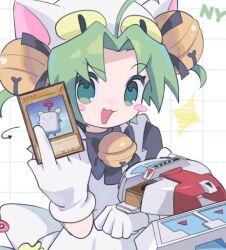 Rule 34 | 1girl, :3, ahoge, animal ears, animal hat, apron, bell, black bow, black bowtie, black dress, black ribbon, blush stickers, bow, bowtie, card, cat ears, cat hat, commentary, dejiko, di gi charat, dress, duel disk, english commentary, gloves, green eyes, green hair, grid background, hair bell, hair ornament, hair ribbon, hand up, hat, holding, holding card, jingle bell, looking at viewer, mokey mokey, morizo (morizoshop), neck bell, open mouth, parted bangs, ribbon, short hair, solo, sparkle, standing, two side up, upper body, white apron, white background, white gloves, white hat, yu-gi-oh!