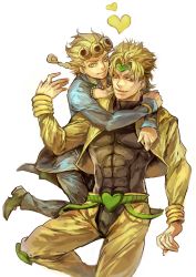 Rule 34 | 2boys, abs, blonde hair, dio brando, earrings, fangs, father and son, giorno giovanna, headband, heart, highres, jacket, jewelry, jojo no kimyou na bouken, male focus, multiple boys, peninsula (disappearedstump), red eyes, stardust crusaders, vento aureo, yellow jacket