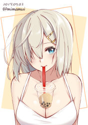 Rule 34 | 1girl, alternate costume, blue eyes, blush, breasts, bubble tea, bubble tea challenge, closed mouth, dated, dress, drinking, gradient background, hair between eyes, hair ornament, hair over one eye, hairclip, hamakaze (kancolle), kantai collection, large breasts, looking at viewer, mimamui, object on breast, short hair, silver hair, solo
