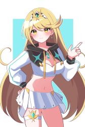 Rule 34 | 1girl, absurdres, adapted costume, blonde hair, breasts, chest jewel, cleavage, earrings, gem, highres, jewelry, kotohatoko510, large breasts, long hair, mythra (xenoblade), solo, swept bangs, thigh strap, tiara, very long hair, xenoblade chronicles (series), xenoblade chronicles 2, yellow eyes