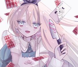 Rule 34 | 1girl, alice (alice in wonderland), alice in wonderland, apron, blonde hair, blood, blue dress, blue eyes, card, diamond (shape), dress, earrings, facial mark, heart, heart facial mark, highres, holding, holding knife, jewelry, joker (playing card), knife, nanamiya ten, open mouth, pink blood, playing card, smile, solo, star-shaped pupils, star (symbol), symbol-shaped pupils, white apron, white background