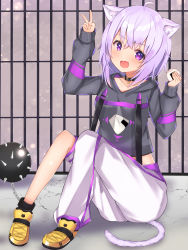 Rule 34 | 1girl, animal ears, blush, bowl, cat ears, cat tail, collar, collarbone, commentary request, dungeon, eating, highres, hololive, looking at viewer, mi taro333, nekomata okayu, nekomata okayu (1st costume), open mouth, pants, purple hair, rice bowl, sitting, solo, tail, v, virtual youtuber