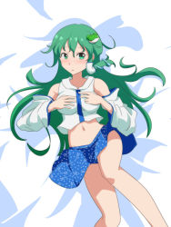 Rule 34 | 1girl, bare legs, bare shoulders, bed sheet, blue skirt, blush, breasts, cato (monocatienus), commentary request, crop top, detached sleeves, feet out of frame, frog hair ornament, green eyes, green hair, hair between eyes, hair ornament, hair tubes, hands on own chest, kochiya sanae, long hair, long sleeves, looking at viewer, lying, medium breasts, midriff, miniskirt, navel, on back, parted lips, shirt, single sidelock, skirt, snake hair ornament, solo, stomach, thighs, touhou, very long hair, white shirt, wide sleeves