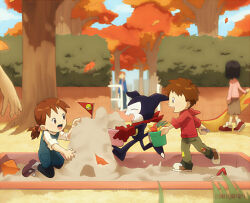 Rule 34 | ai (digimon), digimon, impmon, looking at another, makoto (digimon), sand, scarf, smile, twintails