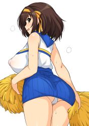 Rule 34 | 1girl, ass, bare shoulders, blue skirt, bow, breasts, brown eyes, brown hair, cheerleader, commentary request, covered erect nipples, cowboy shot, from behind, from below, hairband, haruhisky, high-waist skirt, highres, large breasts, legs together, looking at viewer, looking back, medium hair, miniskirt, open mouth, orange bow, orange hairband, panties, pantyshot, pleated skirt, pom pom (cheerleading), puffy nipples, shirt, shirt tucked in, simple background, skirt, sleeveless, sleeveless shirt, solo, standing, suzumiya haruhi, suzumiya haruhi no yuuutsu, sweat, thighs, underwear, white background, white panties, white shirt