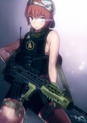Rule 34 | 1girl, assault rifle, backlighting, backwards hat, bad id, bad pixiv id, bike shorts, breasts, brown hair, buckle, bullpup, bypos, carbine, freckles, gloves, gradient background, gun, hat, highres, l85, lens flare, load bearing vest, machine gun, mouth hold, no shirt, original, purple eyes, rifle, sa80, scarf, short hair, sideboob, signature, snap-fit buckle, solo, squad automatic weapon, thigh strap, weapon