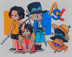 Rule 34 | 3boys, absurdres, aged down, alternate costume, artist name, ascot, bandaid, bandaid on face, bandaid on forehead, bandaid on nose, black eyes, black footwear, black hair, black hat, black shirt, black shorts, blonde hair, blue coat, blue shorts, boots, child, coat, cowboy hat, freckles, grid background, hat, highres, holding industrial pipe, industrial pipe, initial, long coat, looking at another, monkey d. luffy, multiple boys, one piece, open clothes, open coat, open mouth, orange tank top, portgas d. ace, red tank top, sabo (one piece), sainttufa, sandals, shirt, short hair, shorts, spiked hair, squatting, straw hat, tank top, teeth, top hat, torn ascot, torn clothes, white ascot