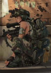 Rule 34 | 1girl, backpack, backwards hat, bag, baseball cap, birthmark, black gloves, black hair, boots, breasts, camouflage, camouflage pants, check translation, combat boots, fingerless gloves, fingernails, first aid kit, flashlight, full body, gloves, green hat, green pants, gun, h&amp;k mp5, handgun, hat, head-mounted display, headset, highres, holding, holding gun, holding weapon, holstered, load bearing vest, long nose, map, medium breasts, military, military operator, night-vision device, nose, original, pants, pistol, republic of korea army, rifleman1130, short hair, sideboob, sleeveless, soldier, solo, submachine gun, sweat, tan, tank top, thick eyebrows, translation request, walkie-talkie, weapon