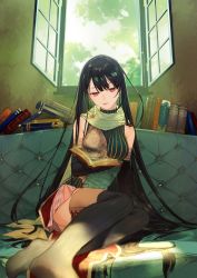 Rule 34 | 1girl, absurdres, atelier (series), atelier firis, barefoot, black hair, black thighhighs, book, breasts, cloud, couch, elbow gloves, female focus, gloves, highres, indoors, large breasts, liane mistlud, long hair, no shoes, noco (adamas), official art, open book, open window, parted lips, reading, red eyes, sitting, skirt, sky, solo, striped clothes, striped thighhighs, sunlight, thighhighs, vertical-striped clothes, vertical-striped thighhighs, very long hair, window, yokozuwari