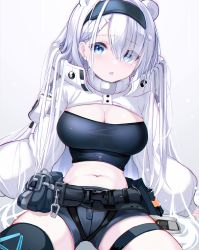 Rule 34 | 1girl, absurdres, animal ears, arknights, aurora (arknights), aurora (elite ii) (arknights), bear ears, belt, black hairband, black shirt, blouse, blue eyes, breasts, cleavage, crop top, cropped jacket, e-bbh, eyes visible through hair, grey hair, grey shorts, hair over one eye, hairband, highres, jacket, large breasts, looking at viewer, midriff, navel, open mouth, pouch, shirt, short shorts, shorts, sitting, solo, strapless, tareme, tube top, utility belt, white hair, white jacket