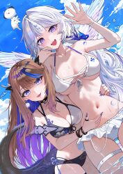 Rule 34 | 2girls, :d, absurdres, airi kanna, ayatsuno yuni, bikini, black bikini, black bracelet, black choker, blue eyes, blue hair, blue sky, breasts, brown hair, choker, cloud, colored inner hair, crescent tattoo, cross-shaped pupils, dangle earrings, dragon girl, dragon horns, dragon tail, dutch angle, earrings, fang, fingernails, front-tie bikini top, front-tie top, gradient hair, hair intakes, highres, horns, jewelry, kkato, large breasts, long fingernails, long hair, looking at viewer, multicolored hair, multiple girls, nail polish, navel, open mouth, purple eyes, purple hair, purple nails, skin fang, sky, smile, stellive, stomach, streaked hair, swimsuit, symbol-shaped pupils, tail, teeth, thigh strap, two-tone bikini, unicorn girl, unicorn horn, upper teeth only, very long hair, virtual youtuber, wading, water, waving, white bikini, white bracelet, white hair, wings