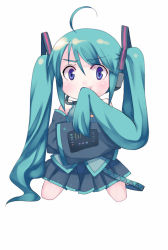 Rule 34 | bad id, bad pixiv id, blue eyes, blue hair, blush, crossed arms, detached sleeves, hatsune miku, kneeling, kodamasawa izumi, long hair, mouth hold, skirt, solo, twintails, vocaloid