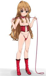 Rule 34 | 1girl, aisaka taiga, bad id, bad pixiv id, bdsm, boots, breasts, brown eyes, brown hair, collar, corset, crotchless, crotchless panties, dominatrix, flat chest, ichihisa, leash, long legs, panties, pussy, simple background, solo, standing, toradora!, underwear, white background