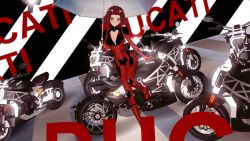 Rule 34 | 1girl, 3d, artist request, biker clothes, bikesuit, blush, bodysuit, breasts, brown eyes, cleavage, curvy, gloves, highres, holding, holding umbrella, izayoi aki, large breasts, long hair, looking at viewer, motor vehicle, motorcycle, no bra, open bodysuit, open clothes, red hair, shiny clothes, shiny skin, sideboob, sitting, solo, thighs, umbrella, yu-gi-oh!, yu-gi-oh! 5d&#039;s, zipper