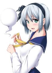 Rule 34 | 1girl, :d, alternate costume, black hairband, black ribbon, blue sailor collar, blue skirt, blush, breasts, collarbone, commentary request, contemporary, green eyes, hair between eyes, hair ribbon, hairband, hitodama, holding, konpaku youmu, konpaku youmu (ghost), long sleeves, looking at viewer, medium breasts, neckerchief, nori tamago, open mouth, pleated skirt, ribbon, sailor collar, school uniform, serafuku, short hair, silver hair, simple background, skirt, smile, solo, touhou, upper body, white background, yellow neckerchief