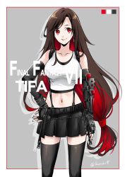 Rule 34 | 1girl, arm armor, bare shoulders, black skirt, black thighhighs, breasts, brown hair, character name, collarbone, cowboy shot, crop top, detached sleeves, earrings, final fantasy, final fantasy vii, final fantasy vii remake, fingerless gloves, gloves, hand on own hip, highres, jewelry, large breasts, long hair, low-tied long hair, midriff, navel, quichi 91, red eyes, red hair, skirt, smile, solo, square enix, standing, suspender skirt, suspenders, tank top, thighhighs, tifa lockhart, twitter username, white tank top, zettai ryouiki