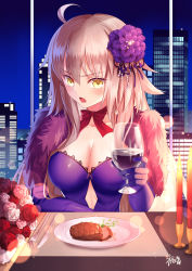 Rule 34 | 1girl, ahoge, bow, breasts, brown eyes, building, burning, candle, cityscape, cleavage, commentary request, cup, dress, drinking glass, elbow gloves, fate/grand order, fate (series), fire, flower, food, fork, fur collar, gloves, gogatsu fukuin, hair between eyes, hair flower, hair ornament, highres, holding, holding cup, indoors, jeanne d&#039;arc (fate), jeanne d&#039;arc alter (avenger) (fate), jeanne d&#039;arc alter (fate), knife, large breasts, light brown hair, long hair, looking at viewer, meat, night, night sky, open mouth, plate, purple dress, purple flower, purple gloves, red bow, red flower, red rose, rose, signature, sky, skyscraper, solo, steak, strapless, strapless dress, upper body, very long hair, white flower, white rose, wine glass