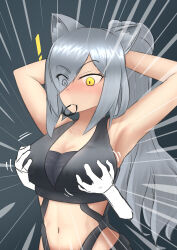 Rule 34 | !, 1girl, absurdres, afute/aft, animal ears, arknights, armpits, arms behind head, arms up, bare arms, bare shoulders, black background, breasts, cat ears, cleavage, commentary, crop top, disembodied limb, emphasis lines, grabbing, grabbing another&#039;s breast, grey hair, hair over one eye, hair tie in mouth, highres, large breasts, long hair, midriff, mouth hold, navel, ponytail, schwarz (arknights), sleeveless, stomach, upper body, very long hair, yellow eyes