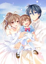 Rule 34 | 1boy, 2girls, absurdres, bare shoulders, blue eyes, blue hair, blue sky, bow, bowtie, brown eyes, brown hair, child, clannad, closed eyes, cloud, commentary request, cowboy shot, dress, elbow gloves, family, father and daughter, formal, furukawa nagisa, gloves, happy birthday, highres, husband and wife, jacket, kneehighs, komo da, mother and daughter, multiple girls, necktie, okazaki tomoya, okazaki ushio, ponytail, red bow, red bowtie, short hair, sky, socks, strapless, strapless dress, suit, wedding dress, white dress, white gloves, white jacket, white neckwear