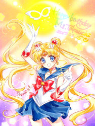 Rule 34 | 1girl, 2017, :d, bishoujo senshi sailor moon, blonde hair, blue eyes, blue sailor collar, blue skirt, choker, circlet, cowboy shot, crescent moon, dated, double bun, earrings, elbow gloves, gloves, hair ornament, hairpin, happy birthday, jewelry, long hair, looking at viewer, magical girl, mask, unworn mask, moon, multicolored background, no nose, open mouth, pleated skirt, red choker, sailor collar, sailor moon, shirataki kaiseki, signature, skirt, smile, solo, tiara, tsukino usagi, twintails, white gloves