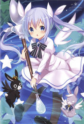 Rule 34 | 1girl, absurdres, alternate hairstyle, anko (gochiusa), anko (gochuumon wa usagi desuka?), artist name, bad id, bad yandere id, black pantyhose, black wings, blue eyes, blue hair, blush, bow, chestnut mouth, crown, detached wings, dress, english text, fleur-de-lis, gochuumon wa usagi desu ka?, hair ribbon, highres, juliet sleeves, kafuu chino, koi (koisan), long hair, long sleeves, magical girl, mini crown, open mouth, oversized object, pantyhose, puffy sleeves, rabbit, ribbon, shoes, spoon, star (symbol), twintails, white dress, white wings, wild geese, wings