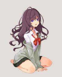 Rule 34 | 1girl, :3, ahoge, barefoot, between legs, blue eyes, blush, cardigan, collared shirt, commentary, full body, hand between legs, ichinose shiki, idolmaster, idolmaster cinderella girls, long hair, loose necktie, necktie, off shoulder, open cardigan, open clothes, open mouth, pleated skirt, purple hair, red necktie, seiza, shirt, simple background, sitting, skirt, smile, solo, v arms, wavy hair, white shirt, yareru babaa