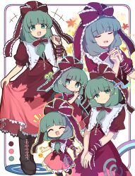 Rule 34 | +++, 1girl, @ @, black footwear, blush, boots, bow, closed eyes, closed mouth, color guide, dress, frilled bow, frilled dress, frilled ribbon, frills, front ponytail, green eyes, green hair, hair bow, hair ribbon, highres, kagiyama hina, long hair, multiple views, open mouth, ramudia (lamyun), red bow, red dress, red ribbon, ribbon, short sleeves, smile, touhou
