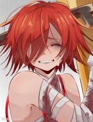 Rule 34 | 1girl, a.b.a, absurdres, bandages, blood, blood on clothes, closed eyes, guilty gear, guilty gear xx, highres, homunculus, key in head, mil17459623, object through head, paracelsus (guilty gear), portrait, red hair, short hair, smile, solo focus, twitter username