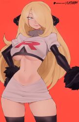 Rule 34 | 1girl, alternate costume, artist name, black shirt, black thighhighs, blonde hair, breasts, commentary, creatures (company), cropped shirt, cynthia (pokemon), english commentary, flytrapxx, fur wrist cuffs, game freak, hair over one eye, highres, large breasts, long hair, long sleeves, navel, nintendo, patreon logo, pencil skirt, pokemon, pokemon (anime), pokemon dppt, red background, shirt, simple background, skirt, smile, solo, standing, team rocket, team rocket uniform, thighhighs, thighs, underboob, white shirt, white skirt