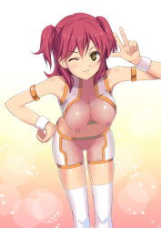 Rule 34 | 00s, 1girl, armlet, bare shoulders, breasts, cleavage, freckles, gundam, gundam 00, highres, koyama tomosato, large breasts, looking at viewer, md5 mismatch, nena trinity, nipples, one eye closed, red hair, resolution mismatch, see-through, short hair, solo, source smaller, thighhighs, twintails, two side up, uncensored, v, white thighhighs, wink, yellow eyes