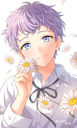 Rule 34 | 1boy, amachi sairi, black bow, black bowtie, blue eyes, blush, bow, bowtie, closed mouth, commentary request, daisy, flower, freckles, head tilt, highres, holding, holding flower, looking at viewer, male focus, on air!, purple hair, sekina, shirt, short hair, simple background, smile, solo, upper body, white background, white flower, white shirt