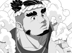 Rule 34 | 1boy, ahoge, blush, bubble, commentary request, facial hair, goatee, greyscale, hachimaki, halo, halo behind head, hand up, headband, hijirino yuuta, holding, jewelry, lips, long sideburns, looking at object, male focus, mature male, medium hair, monochrome, multicolored hair, muscular, muscular male, necklace, open mouth, palms, sarutahiko (housamo), sideburns, signature, simple background, solo, stubble, tank top, thick eyebrows, tokyo houkago summoners, two-tone hair, undercut, upper body