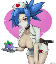 Rule 34 | + +, 1girl, blood, blue hair, bonesaw, box, breasts, choker, cleavage, gift, gift box, gloves, hat, heart, highres, large breasts, latex, latex gloves, leaning forward, looking at viewer, mask, mouth mask, nurse cap, pink background, ponytail, pouch, red eyes, saw, skullgirls, smile, solo, sunao (70 the), surgical mask, symbol-shaped pupils, valentine (skullgirls), white background