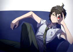 Rule 34 | 1boy, ahoge, breast pocket, brown pants, closed mouth, collared shirt, couch, danganronpa (series), danganronpa 2: goodbye despair, feet out of frame, green necktie, hair between eyes, hand over eye, hands up, heterochromia, hinata hajime, knee up, leaning back, looking at viewer, male focus, necktie, pants, pocket, red eyes, shirt, short hair, short sleeves, sitting, solo, white shirt, ziling