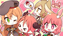 Rule 34 | &gt; &lt;, +++, + +, 4girls, :d, ;), > <, ahoge, animal ear fluff, animal ears, bare shoulders, bendy straw, beret, blush, brown eyes, brown hair, brown headwear, brown wings, cake, cake slice, character request, chibi, closed eyes, closed mouth, commentary request, cup, curled horns, dress, drink, drinking glass, drinking straw, english text, food, green eyes, grey dress, hair between eyes, hat, highres, holding, holding tray, horns, iris mysteria!, multiple girls, muuran, official art, one eye closed, open mouth, pink hair, plate, pointy ears, pudding, purple eyes, rabbit ears, smile, tray, wings, xd