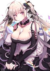 1girl artist_name azur_lane bare_shoulders between_breasts black_bow black_dress black_nails blush bow breasts cleavage clenched_teeth commentary corset detached_sleeves dress earrings english_commentary flower formidable_(azur_lane) frilled_dress frills hair_bow hair_ornament highres himey jewelry large_breasts layered_dress long_hair long_sleeves looking_at_viewer nail_polish petals red_eyes silver_hair solo teeth twintails very_long_hair white_background wrist_cuffs