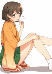 Rule 34 | 10s, 1girl, blush, breasts, brown hair, eyebrows, from side, green skirt, hand to own mouth, hand up, hiryuu (kancolle), japanese clothes, kantai collection, kimono, looking at viewer, medium breasts, no shoes, pleated skirt, short hair, simple background, sitting, skirt, smile, socks, solo, suke (momijigari), white background, white socks, wide sleeves, yellow eyes