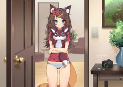 Rule 34 | 1girl, absurdres, animal, animal ears, blue eyes, blue panties, bow, brown hair, camera, carrying, commission, cowboy shot, door, fox, fox ears, fox girl, fox tail, hair bow, highres, indoors, ku-ini, long hair, looking at viewer, no pants, original, panties, parted lips, picture frame, plant, potted plant, red shirt, shirt, short sleeves, solo, standing, striped clothes, striped panties, tail, thighs, underwear, vase, watch, watermark, wristwatch